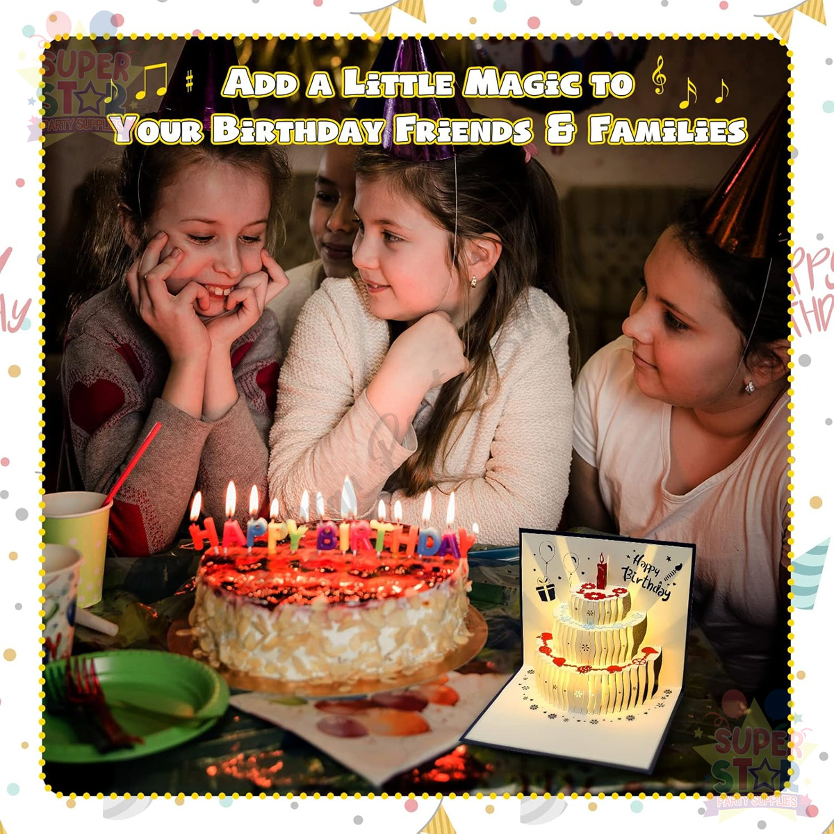 3D Happy Birthday Card with Music and Lights Pop Up Cake Greetings Card ...