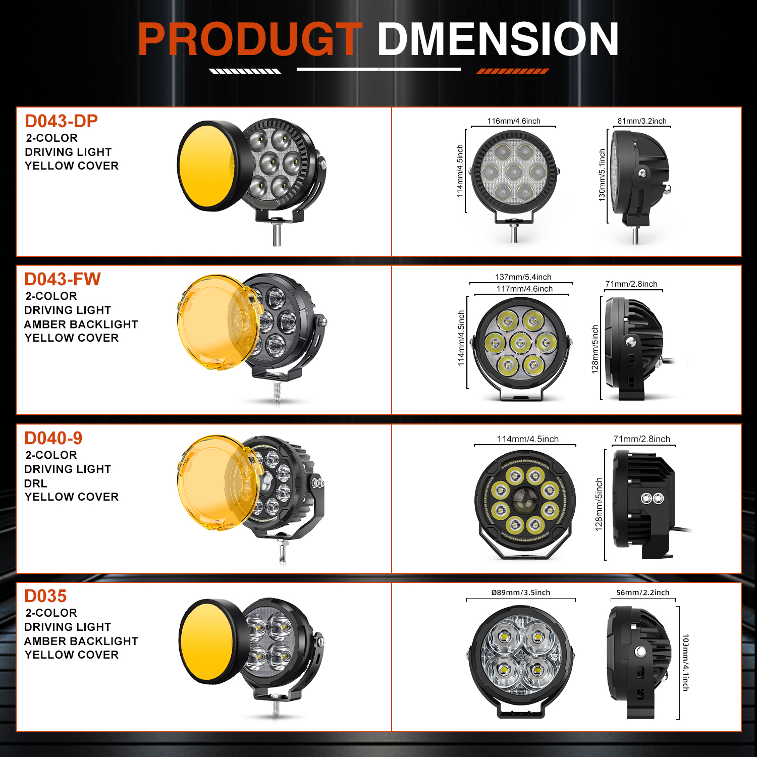 2PCS 4 Inch Amber Round LED Driving Light 120W 12000LM Yellow Fog Pods ...