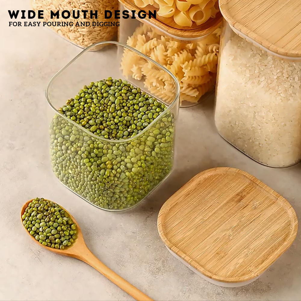 Square Borosilicate Glass Canister with Bamboo Lid Airtight Food Jar ...