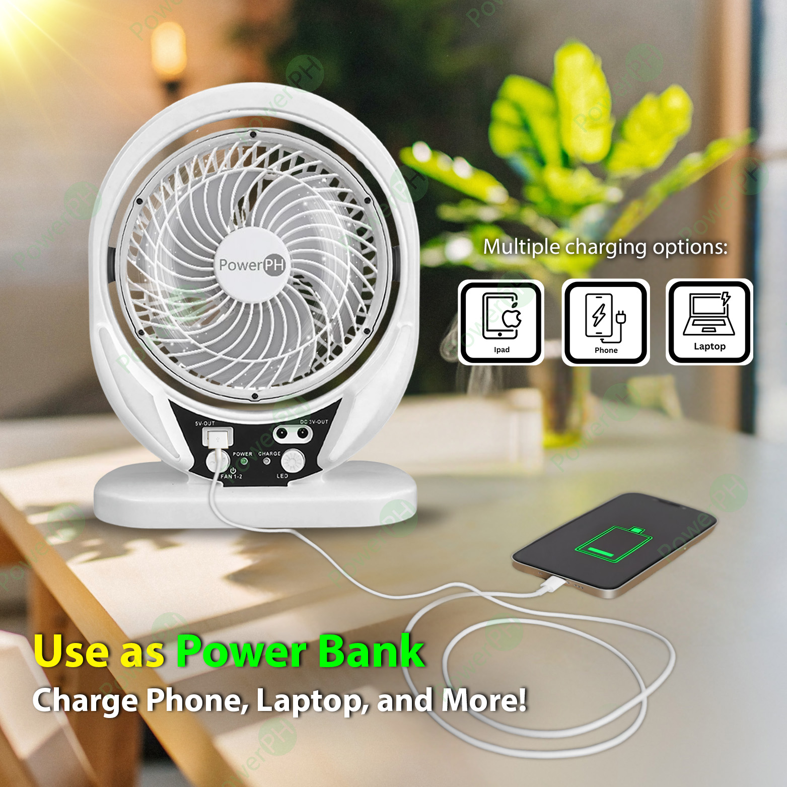 POWERPH 8 Inch Rechargeable Solar Electric Fan with 4W Solar Panel Dual ...
