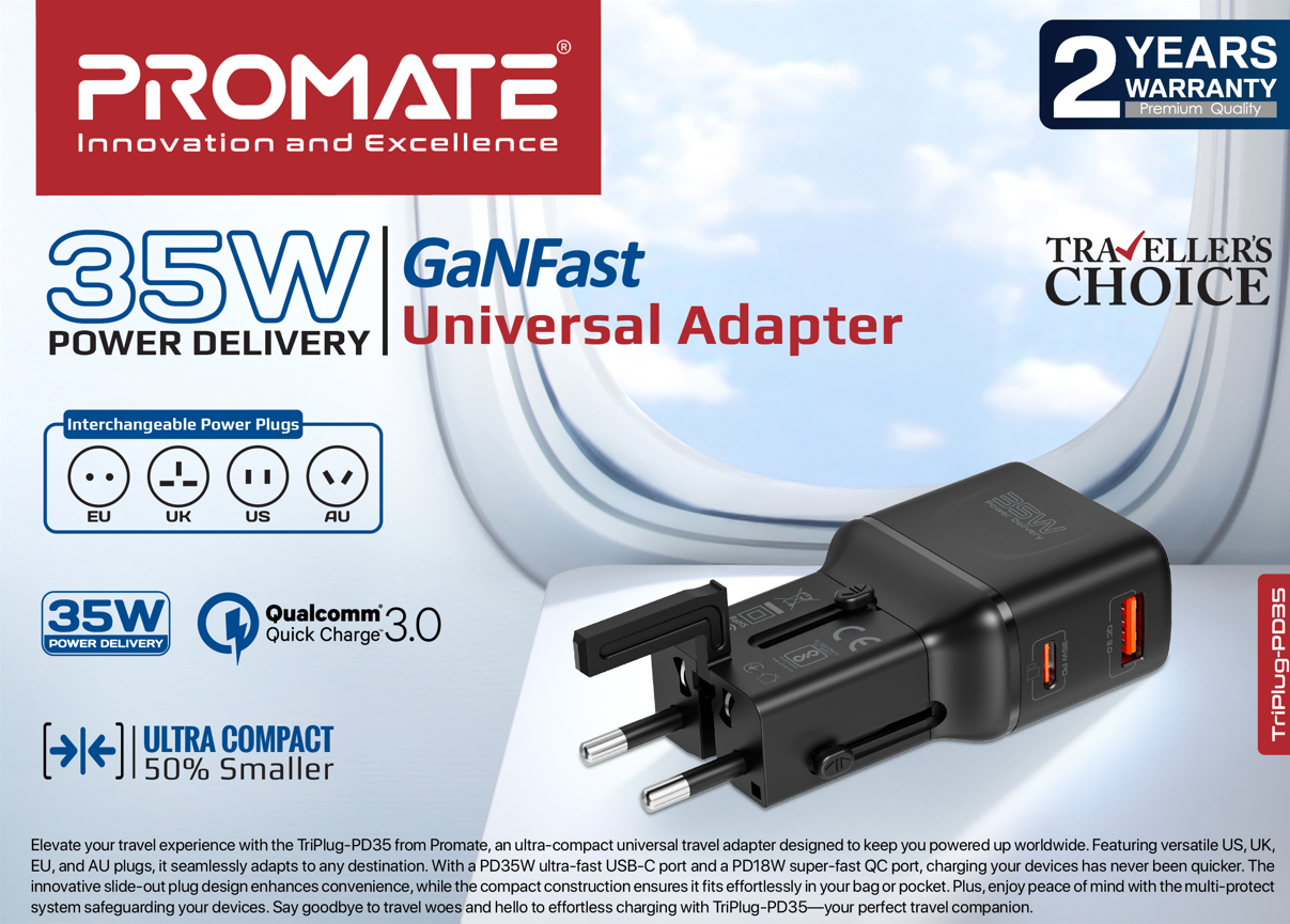 Promate TriPlug-PD35 35W Power Delivery GaNFast Universal Adapter ...