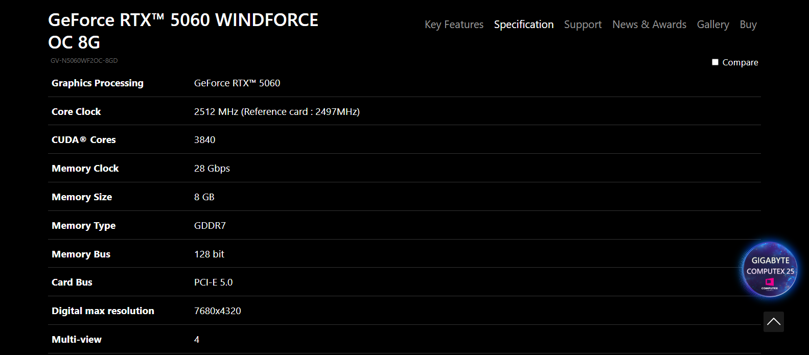 Gigabyte NVIDIA® GeForce RTX™5060 WINDFORCE OC SFF 8GB GDDR7 GPU (GV5 ...