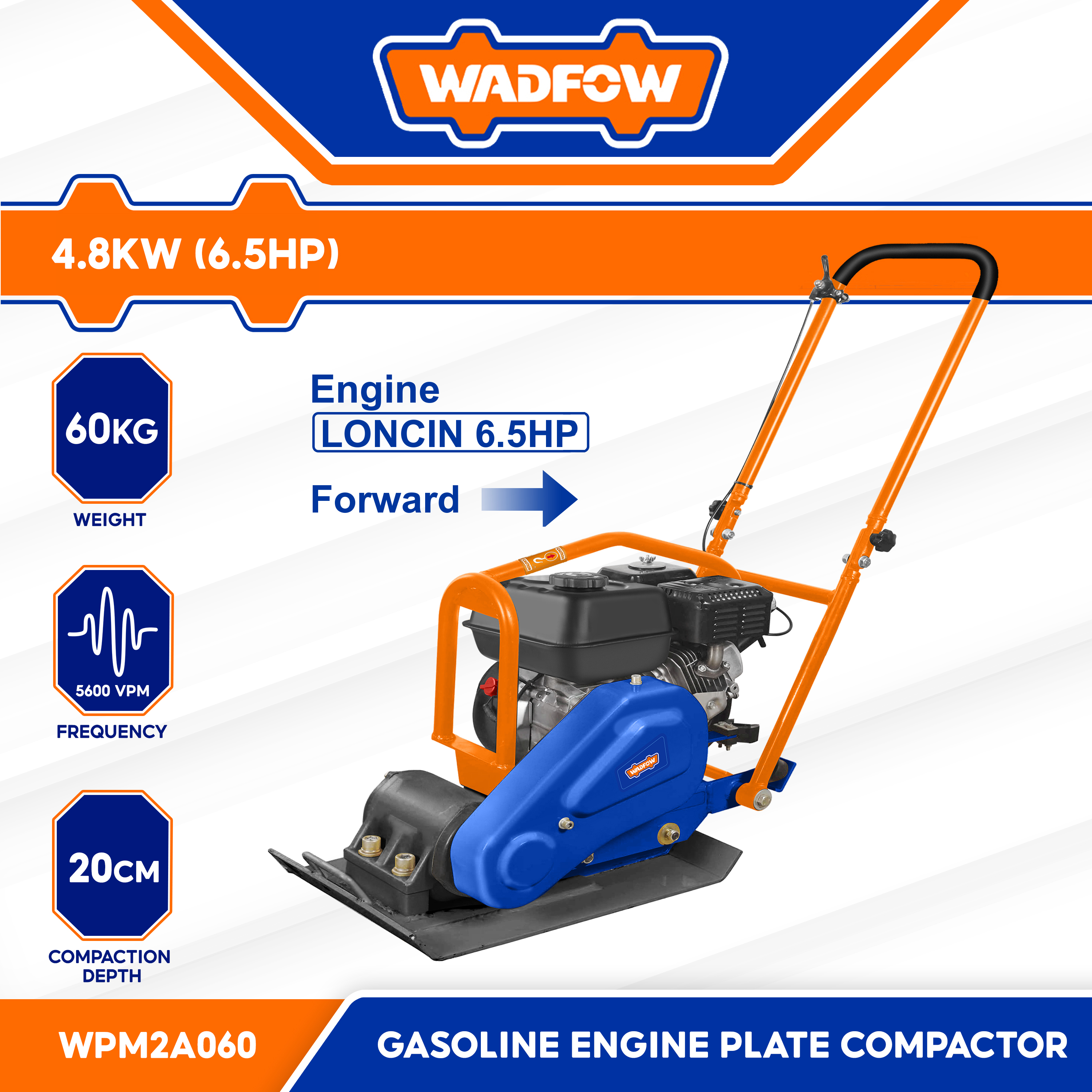 Wadfow Gasoline Engine Plate Compactor Vibrating Asphalt Soil 60kgs 4 ...