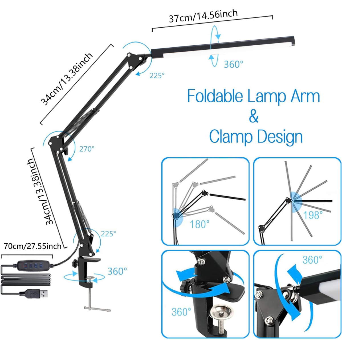 LED Folding Metal Desk Lamp Clip On Light Clamp Long Arm Dimming Table ...