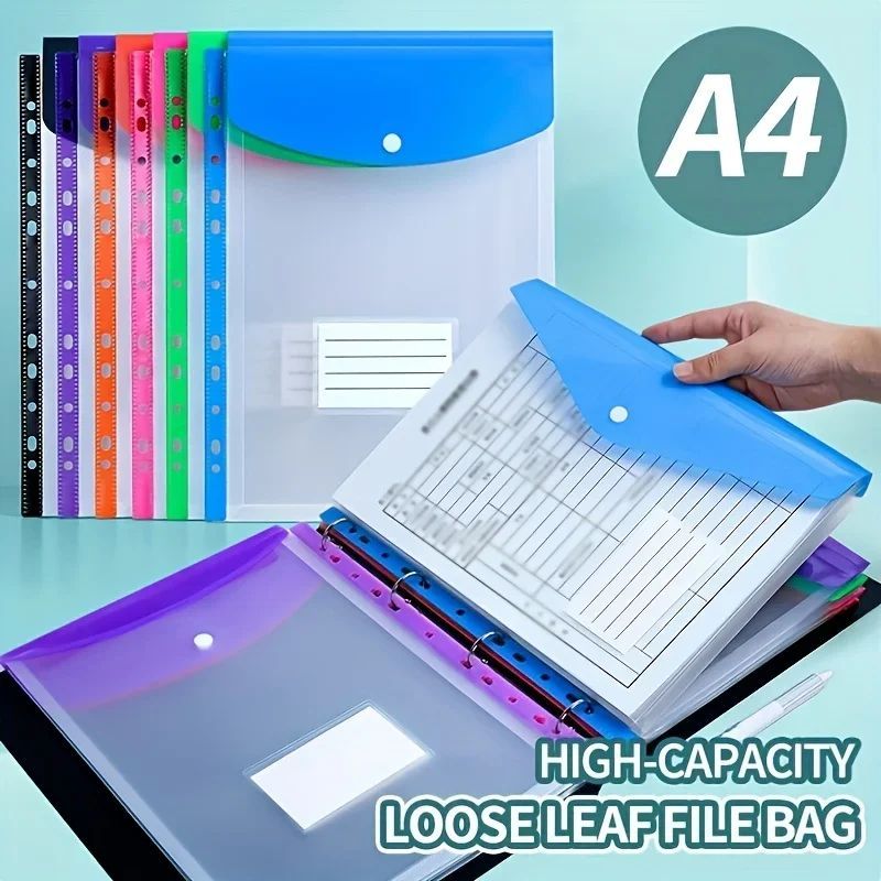 6 Pcs A4 High-Capacity Loose-Leaf File Bags with 11-Hole Binding Rings ...