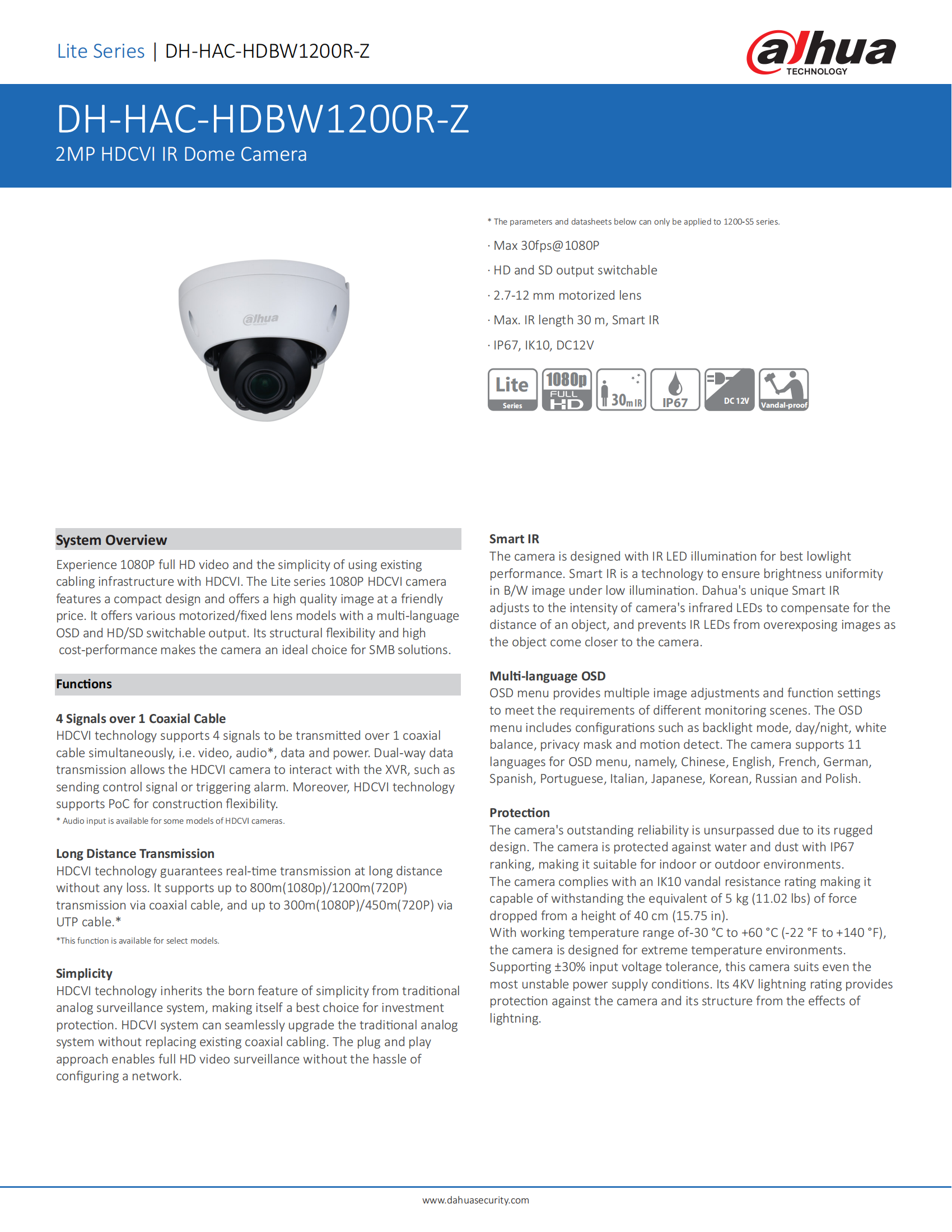 Dahua HD 2MP HDCVI IR Dome Camera motorized lens Outdoor waterproofing