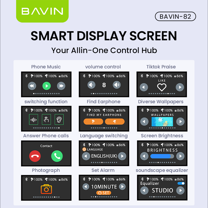 BAVIN BA82 Smart TWS Wireless Earphone w/ LCD Touch Screen HiFi Sound ...
