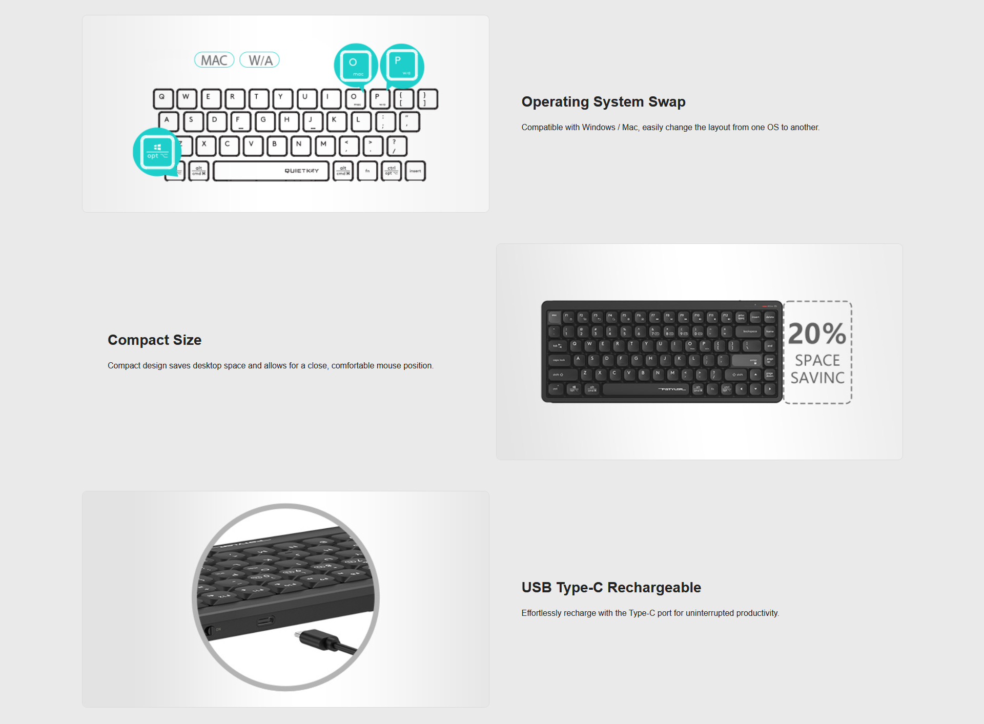 A4Tech FBX53C Quiet Typing USB Type-C Rechargeable Bluetooth & 2.4G ...