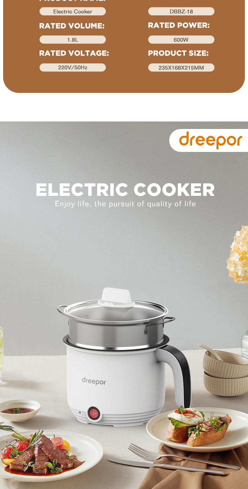 Dreepor 1.8L Mini Rice Cooker MultiFunction Electric Cooker With ...