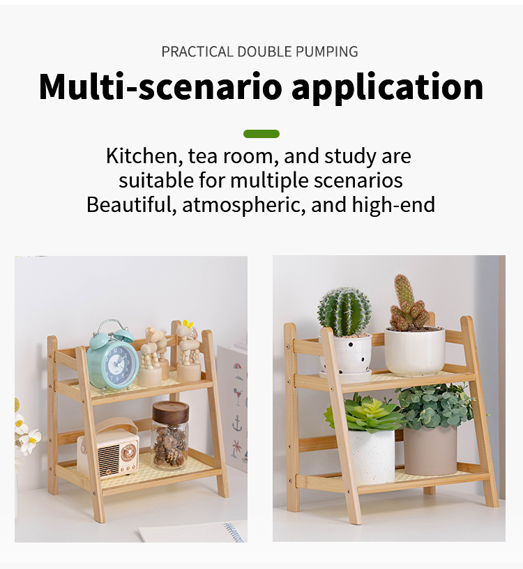 [Plastic rattan]Table Storage Rack Wooden Double-Layer Table Shelf ...