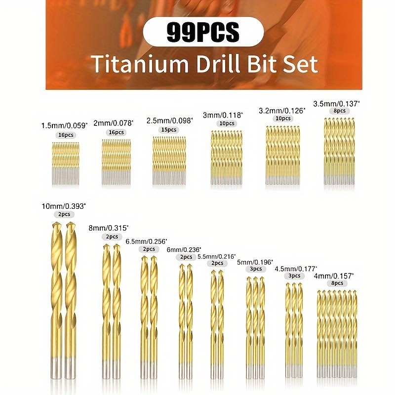 99PCS 1.5mm - 10mm Titanium Coated HSS High Speed Steel Drill Bits Set ...