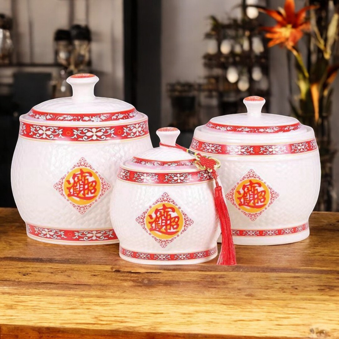 Big ceramic rice dispenser 5kg/ 10kg clay jar with cover porcelain rice ...