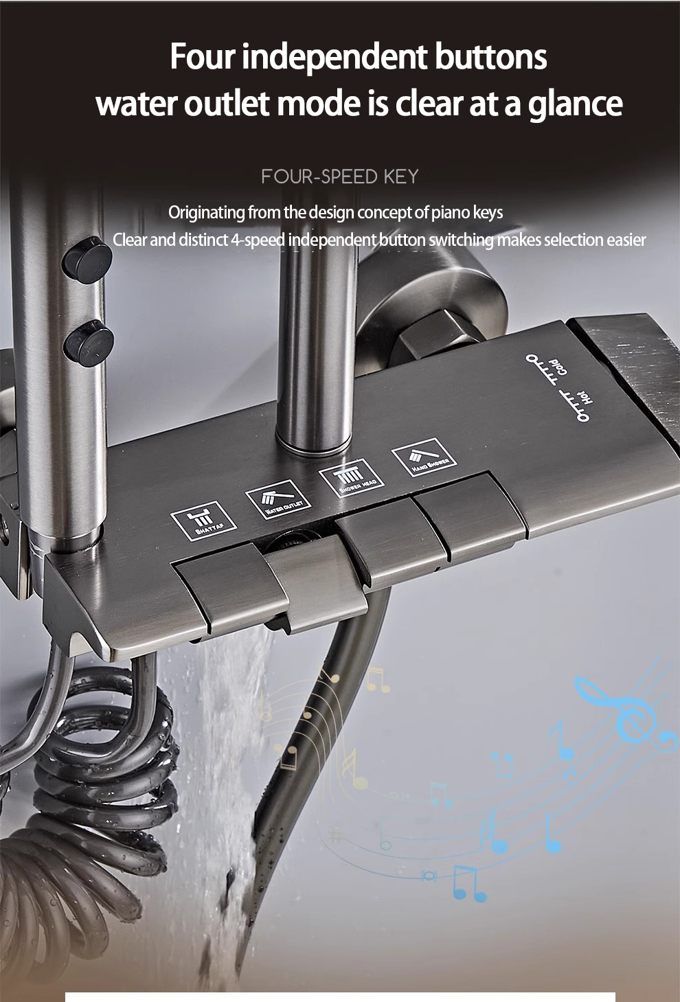 4 in1Bathroom Square Piano Key Shower Set with Hot and Cold Faucet and ...