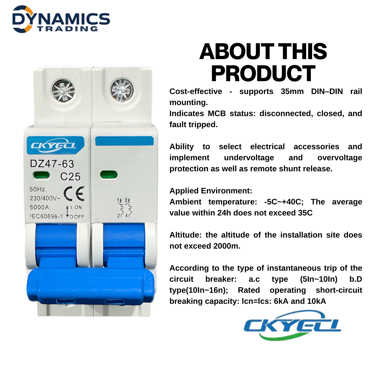AC DC Miniature Circuit Breaker MCB CKYECL 2 Pole 6kAIC 230/400V ...