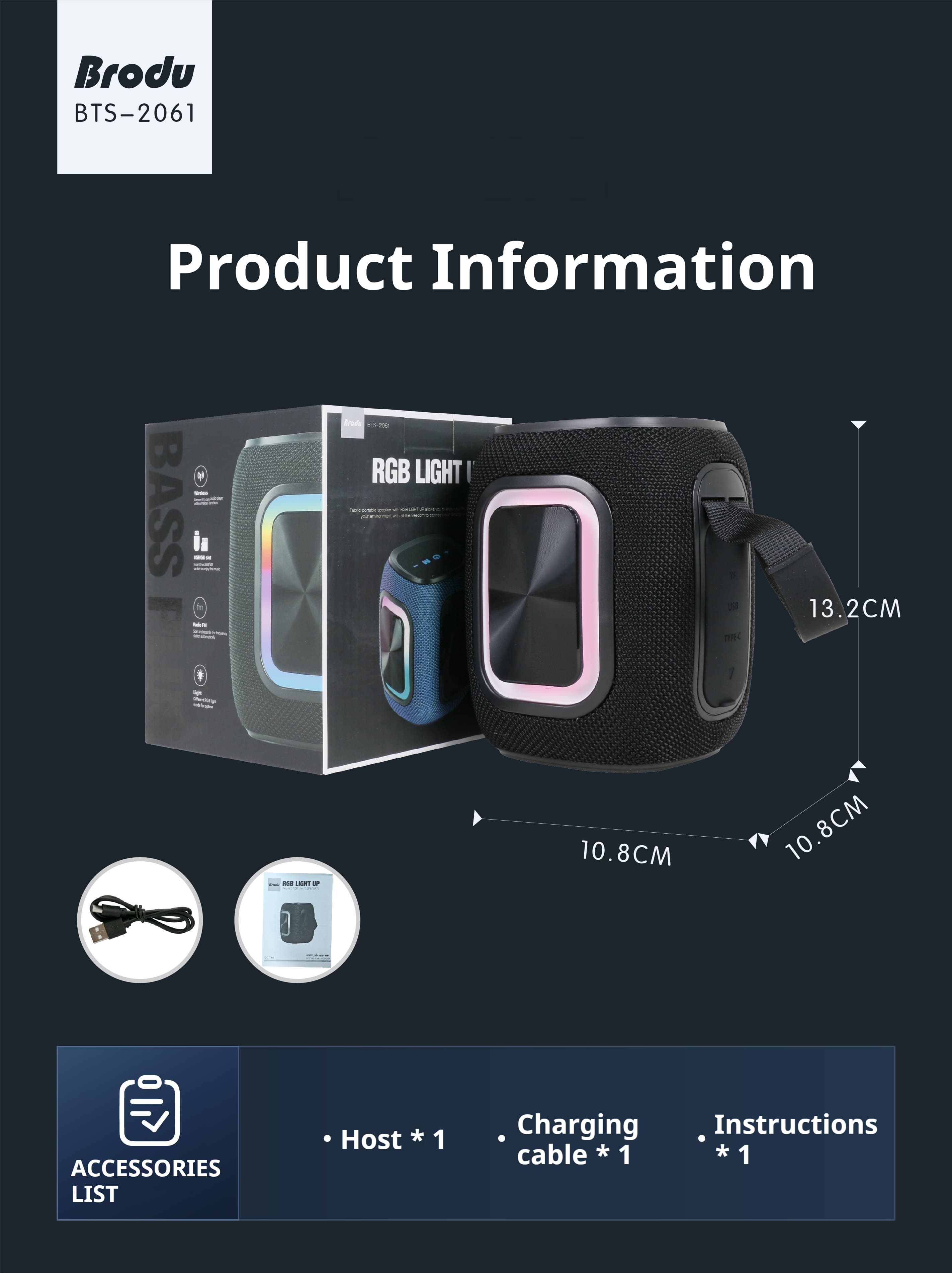 NEW Brodu BTS-2061 FREE USB Bluetooth Speaker RGB Light Waterproof ...