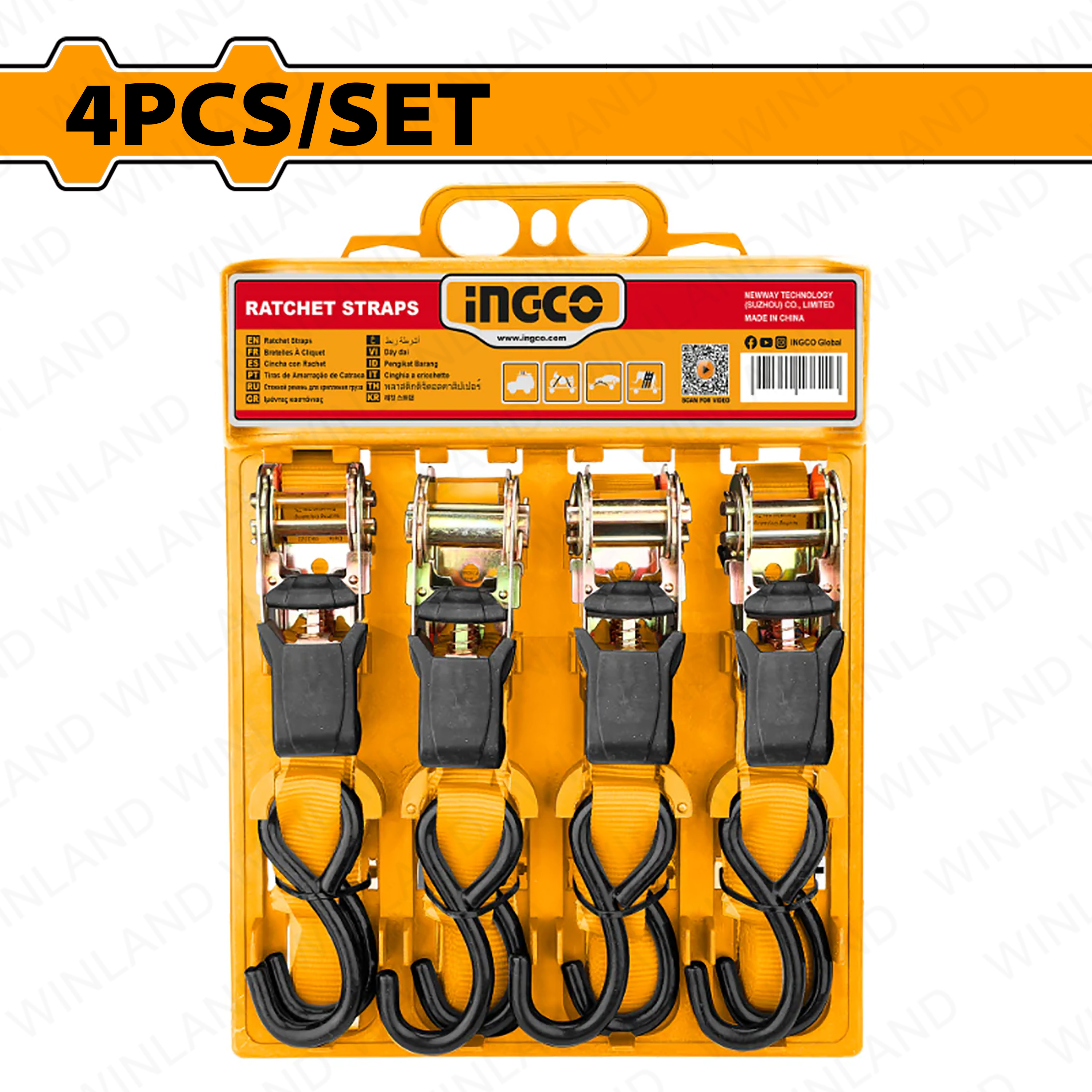 Ingco by Winland 4PCS/Set Rachet Strap with Hook 0.65T x 6M HRSP065607 ...