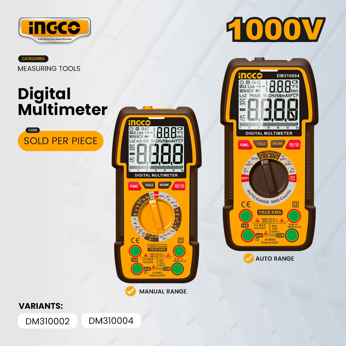 Ingco 1000V Auto/Manual Range Digital Multimeter AC DC Voltmeter ...