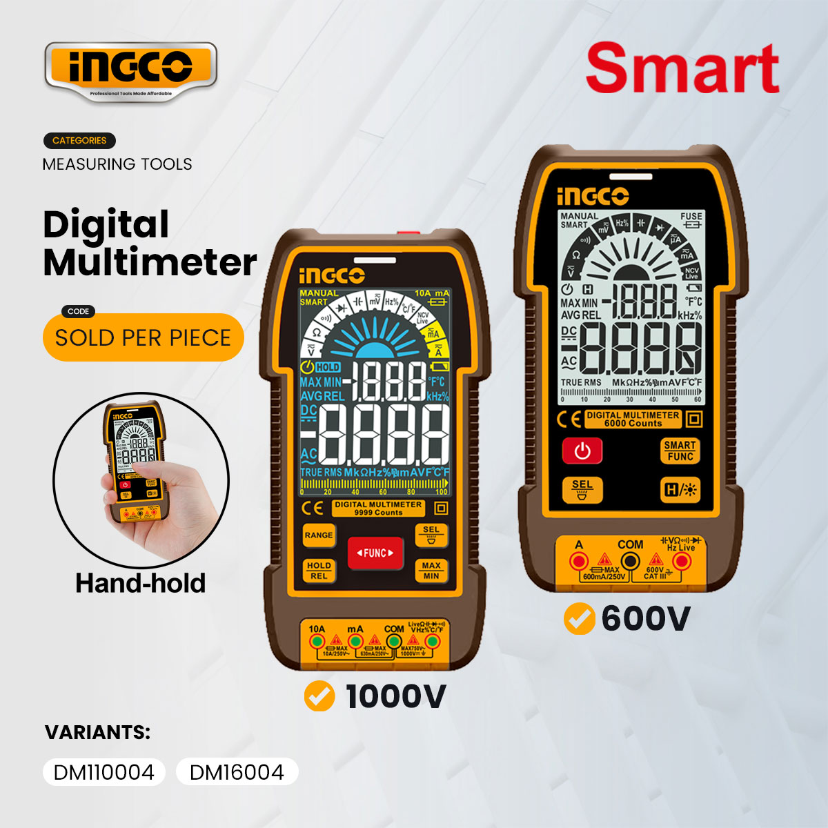 Ingco 600V/1000V Digital Multimeter True RMS Auto Range Volt Amp Ohm ...
