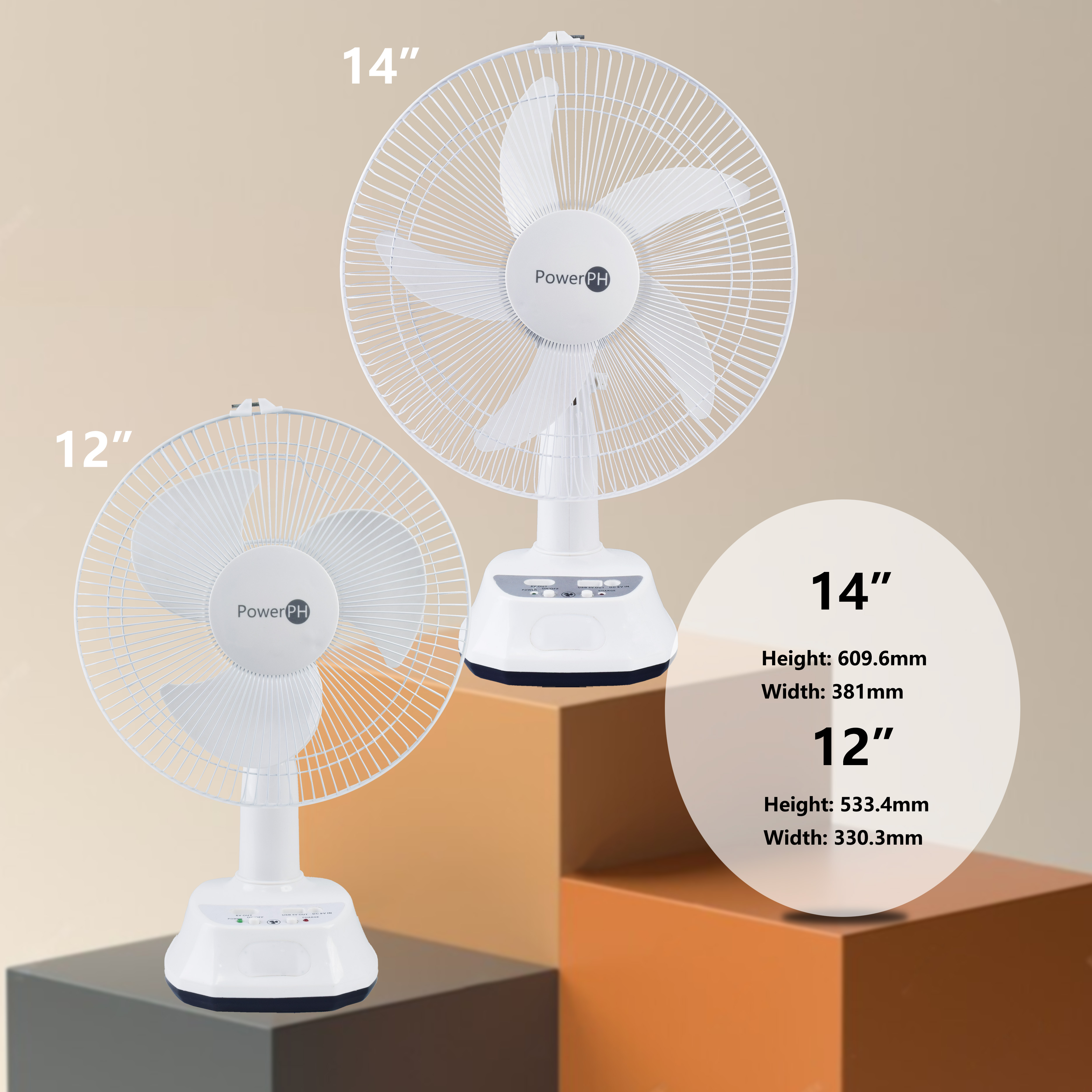 POWERPH 12 Inch 14 Inch Rechargeable Electric Solar Fan With 3W 5W 10W ...