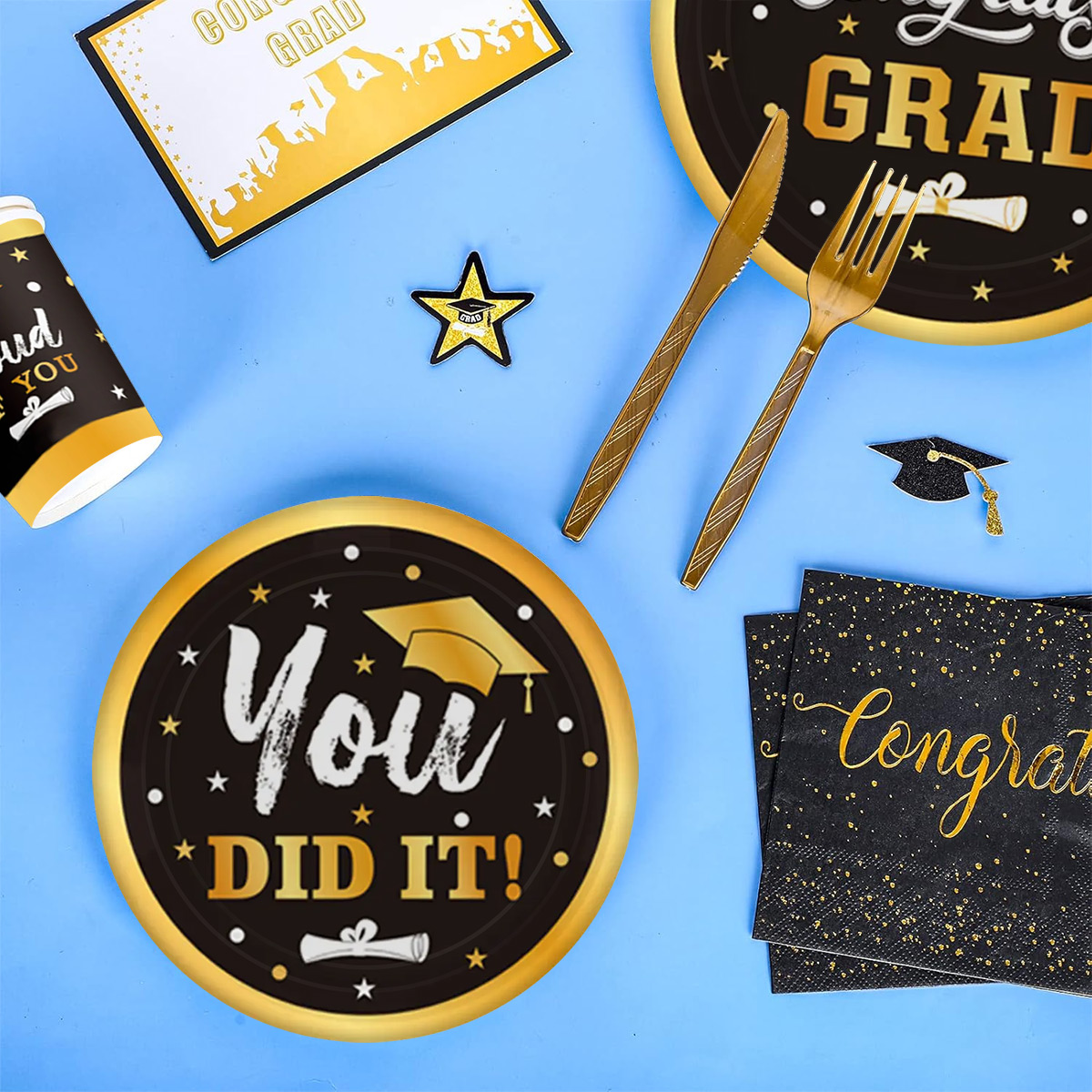 Graduation Decoration Tableware Set Black Gold Paper Plates Cups ...
