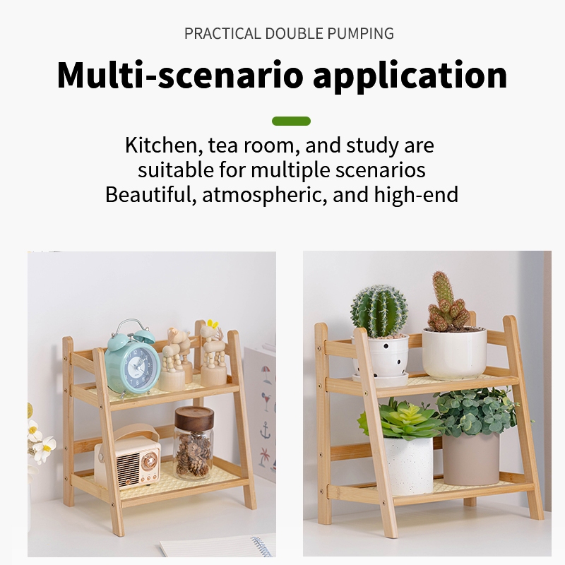 Table Storage Rack Wooden Double-Layer Rattan Desktop rack kitchen ...