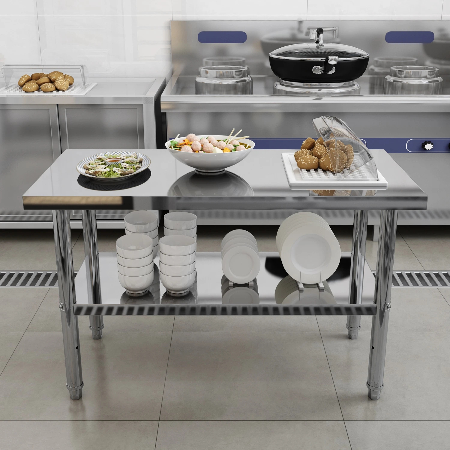 Modern home kitchen work table |double-deck 120*50*80| silver stainless ...