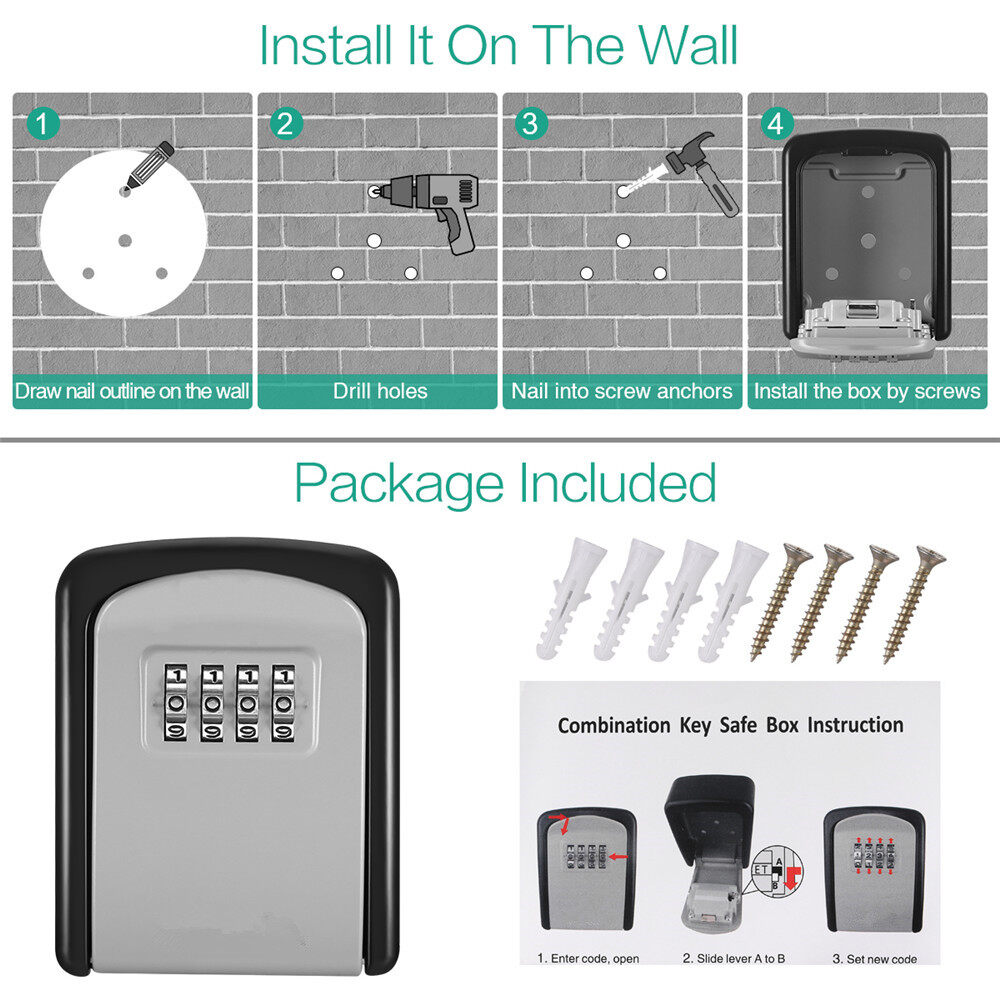 High Capacity 4-Digit Combination Wall Mounted Key Storage Box (Grey or ...