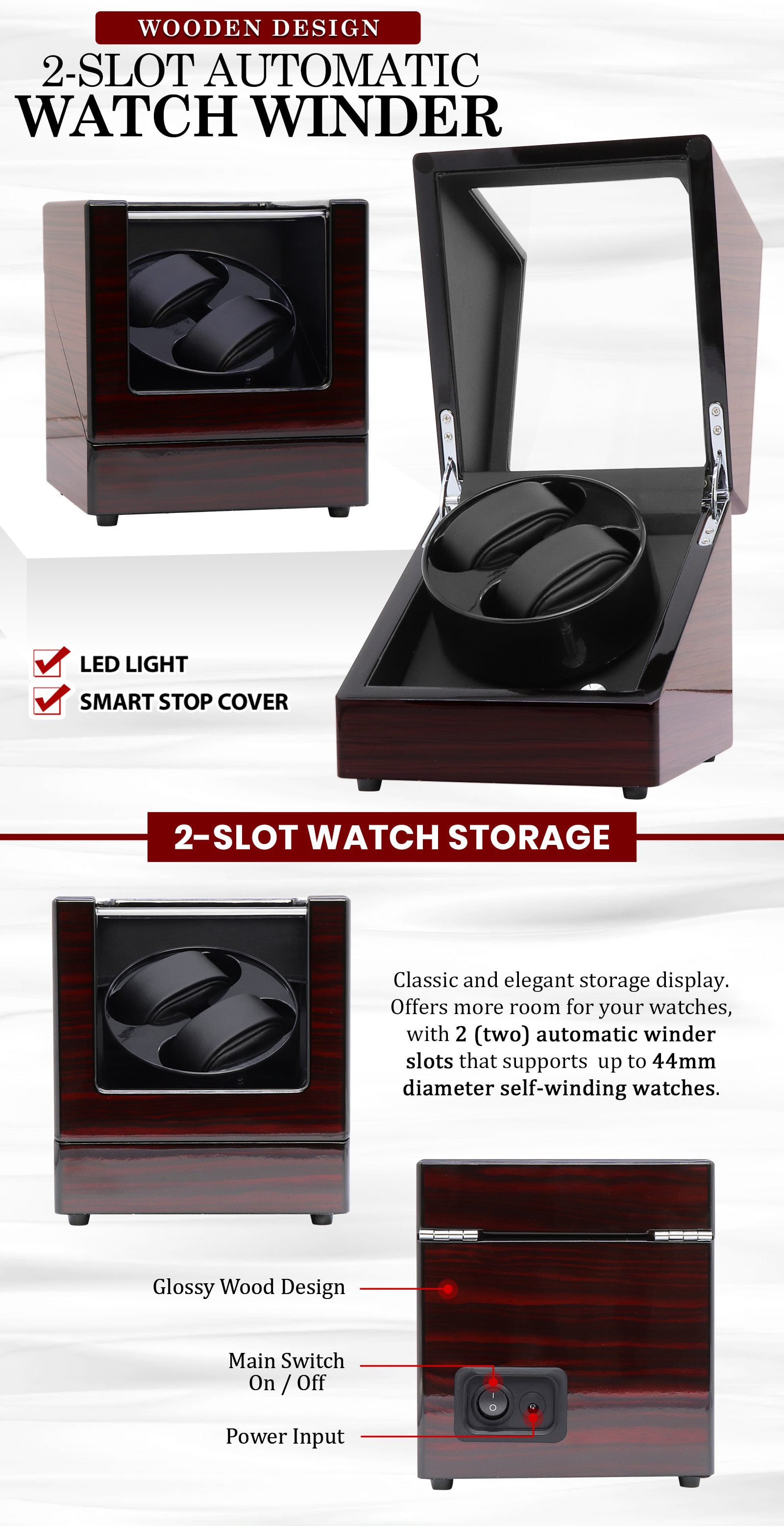 2-Slot Automatic Watch Winder with 4 Rotation Modes (Glossy Wooden ...