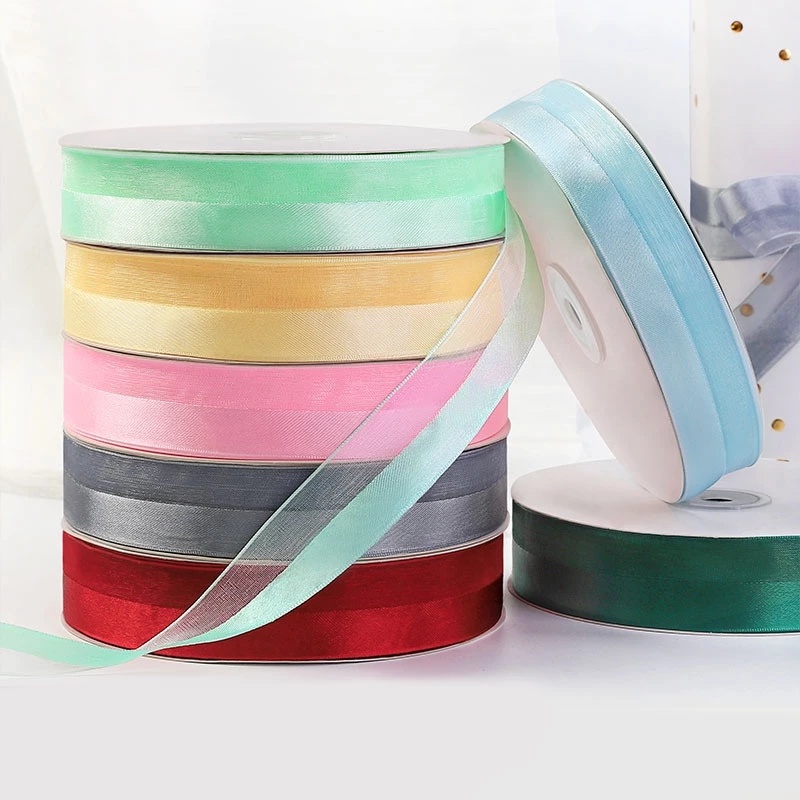 25 yard/roll Half Satin Half Yarn Ribbon Wedding DIY Gift Flower ...