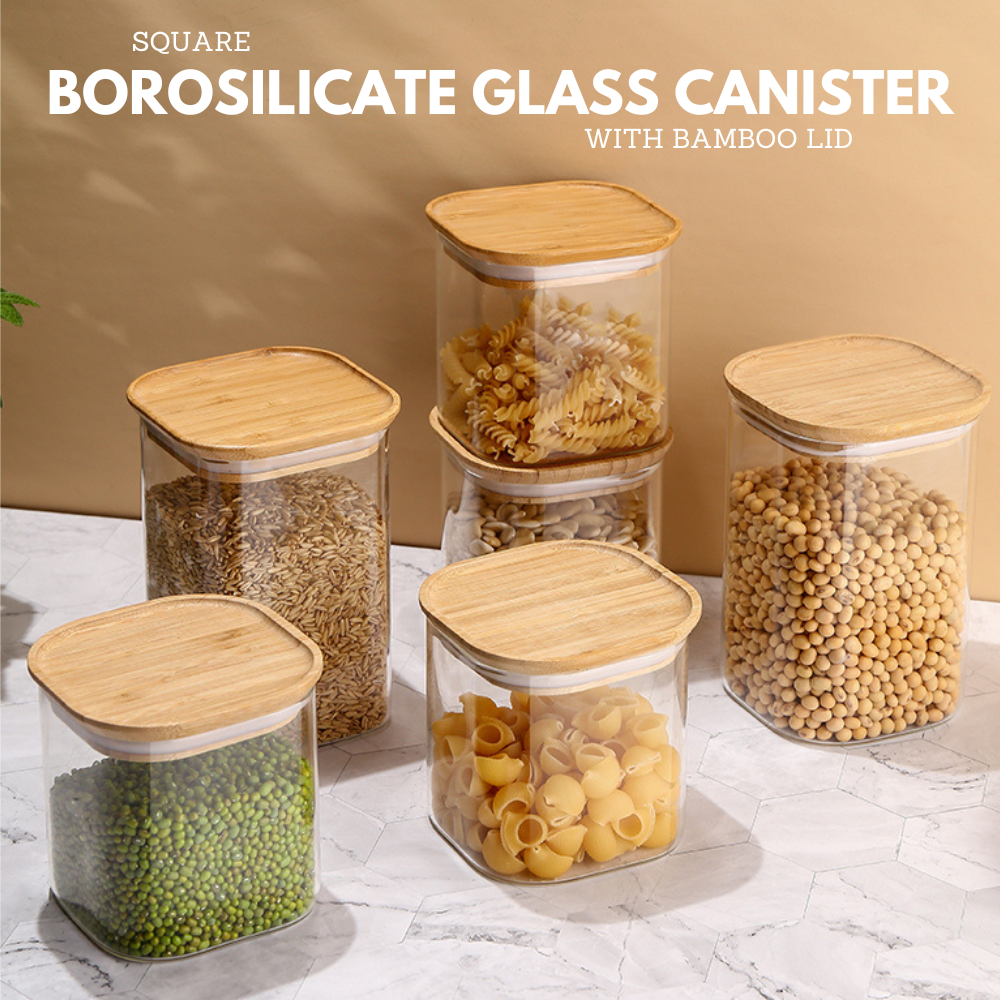 Square Borosilicate Glass Canister with Bamboo Lid Airtight Food Jar ...