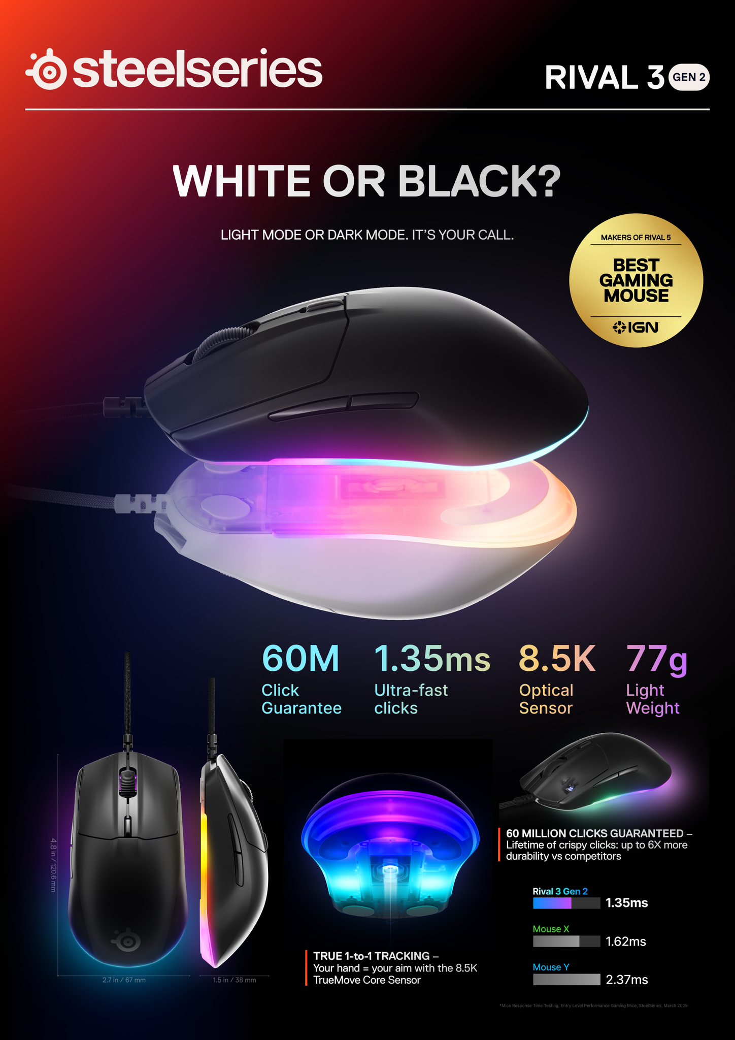 SteelSeries Rival 3 Gen 2 8,500 DPI 3 Zone RGB Lightweight Wired Gaming ...