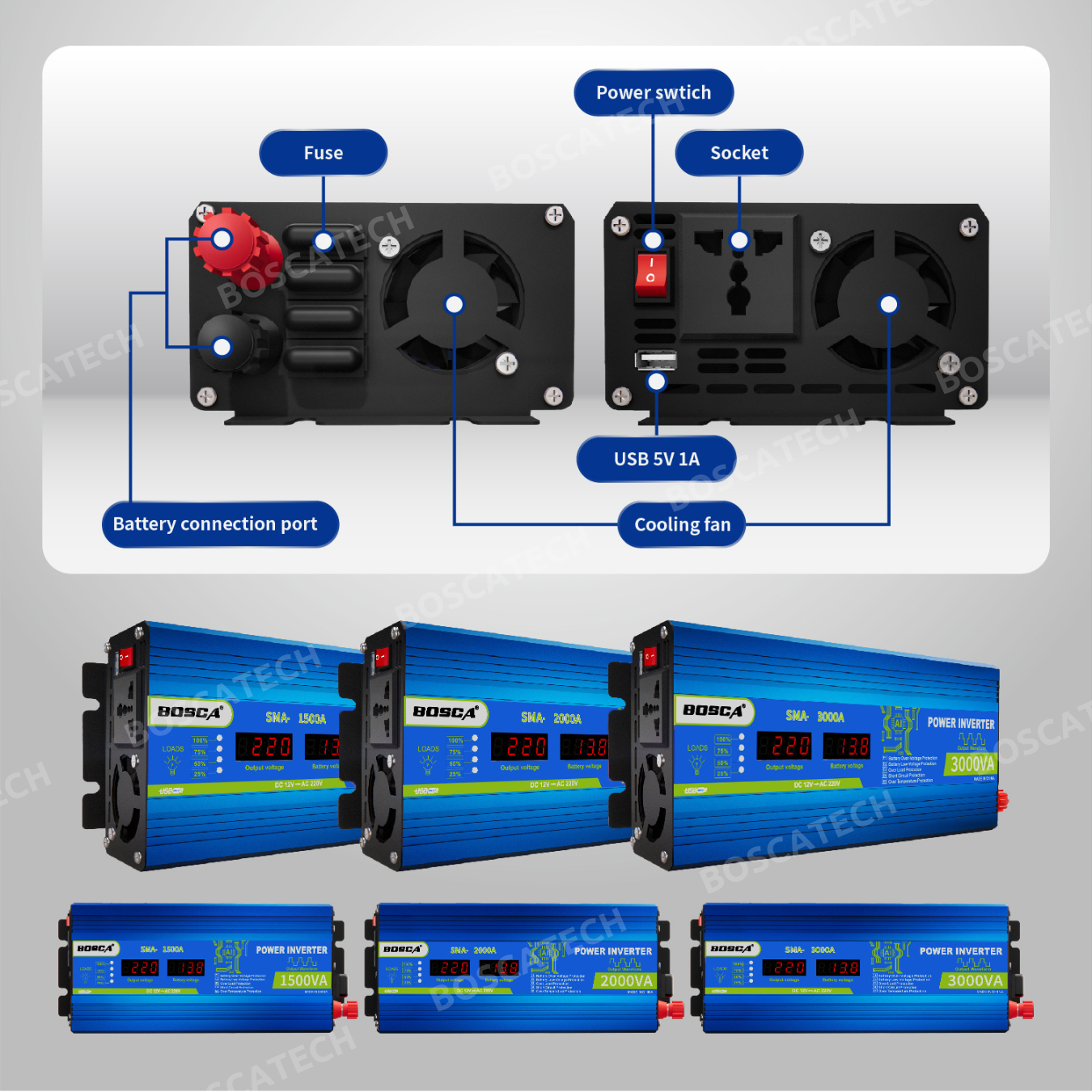 BOSCA Solar Power Inverter 1500W 2000W 3000W DC12V To AC 220-230V w/LED ...