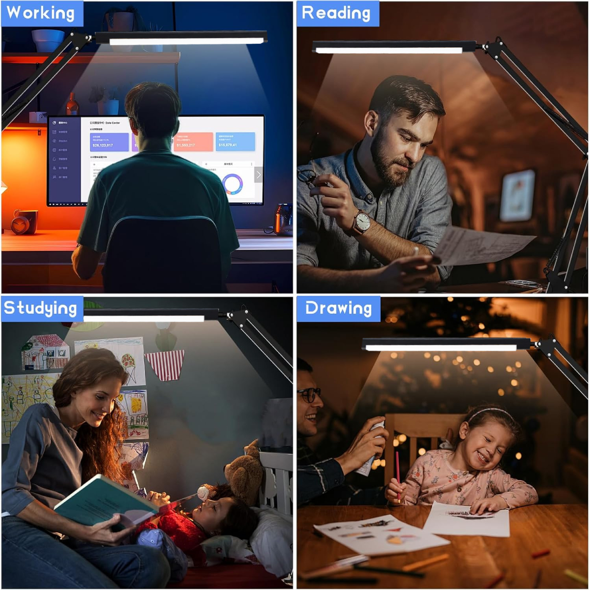 LED Folding Metal Desk Lamp Clip On Light Clamp Long Arm Dimming Table ...