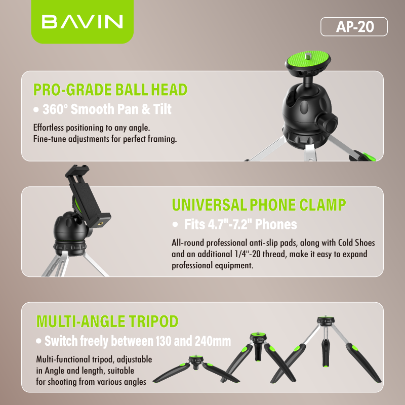 BAVIN P20 Mini Tripod Stand w/ Retractable Compact & Lightweight for ...