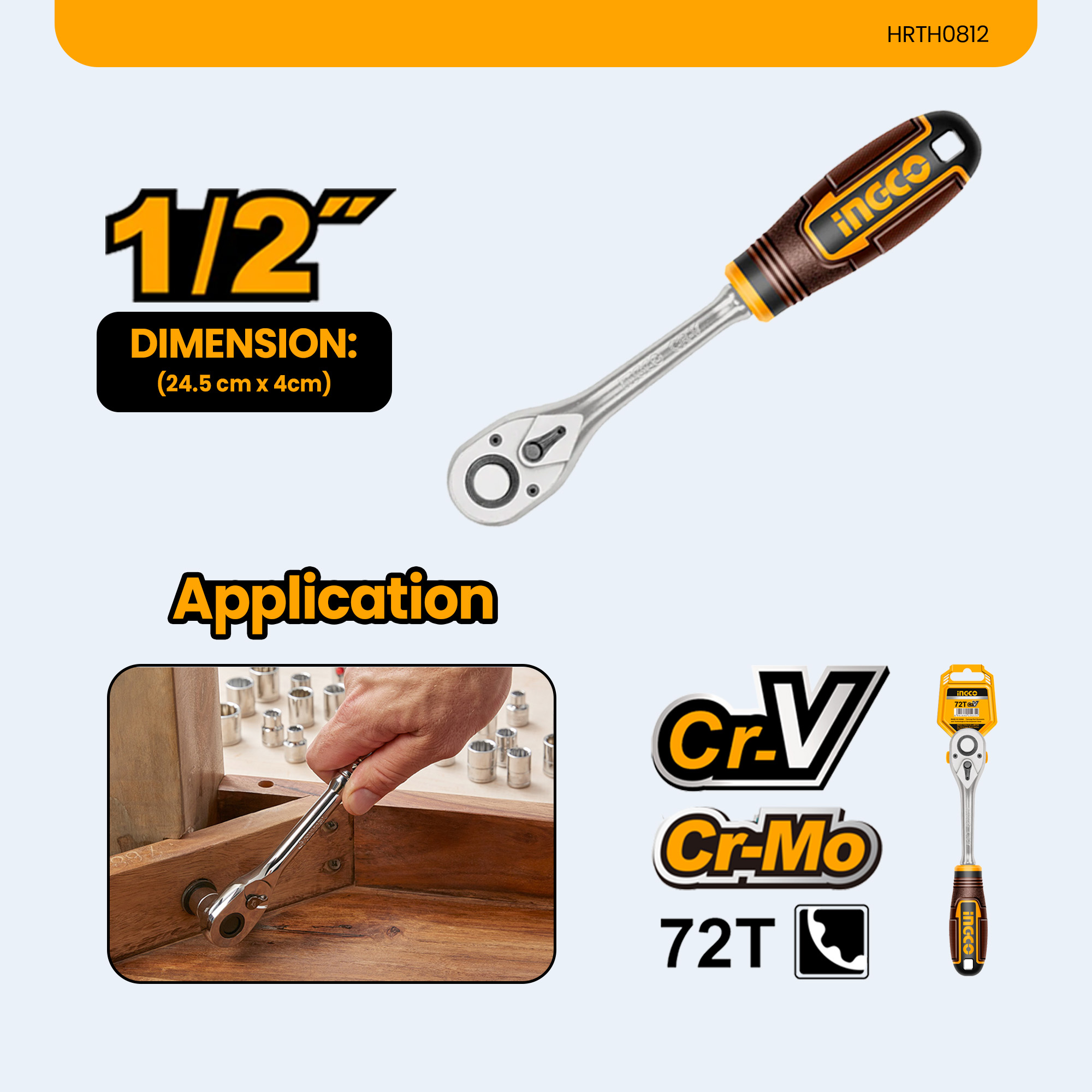 Ingco Industrial Ratchet Wrench CR-V + Cr-Mo Material 1/2