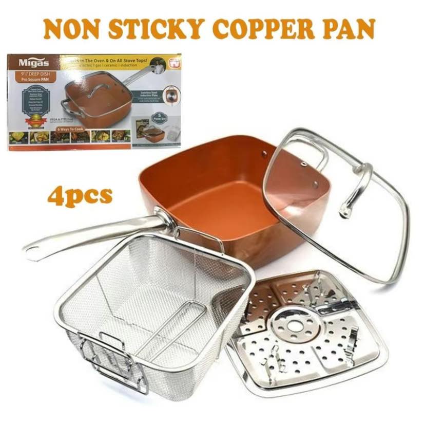 CQW.NO1 Nonstick Copper Square Pan Migas Induction with Glass Lid Fry