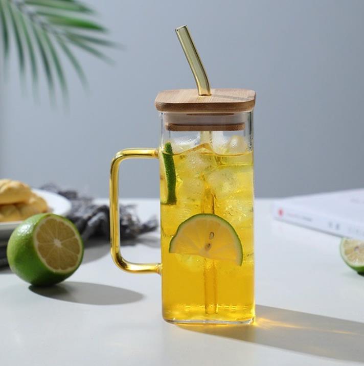 Ulife 400ml Square Glass Drinking Cup with Handle Bamboo Lid and ...