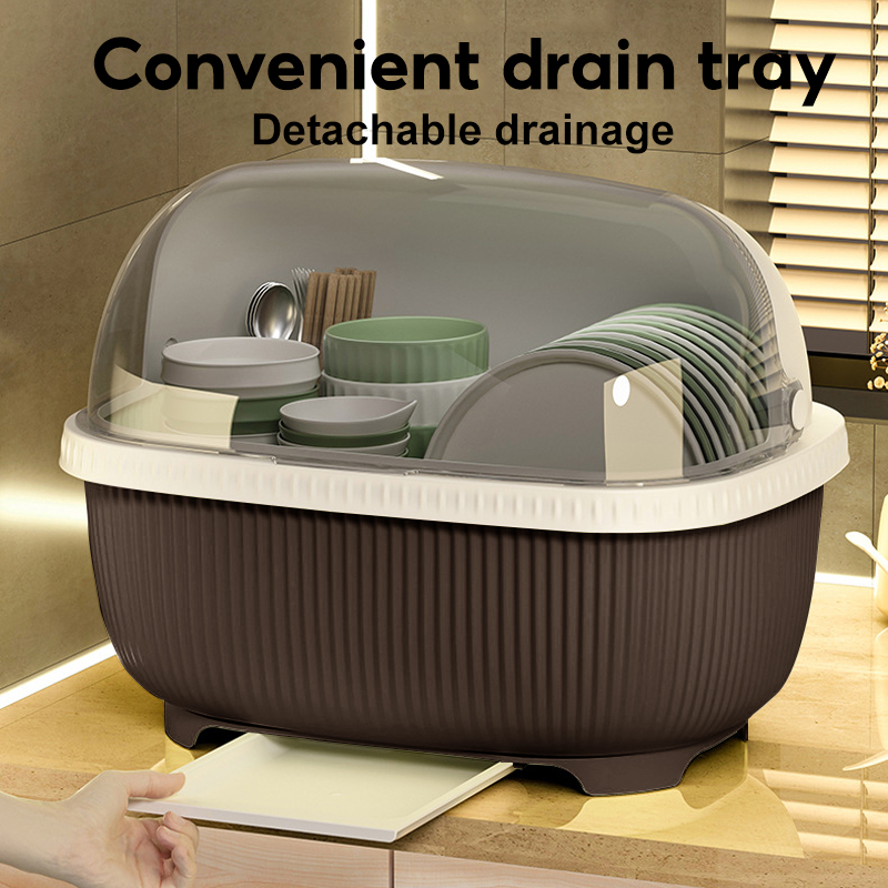 CHIT Dish Rack With Cover Plastic Plate Drainer Organizer Dustproof ...