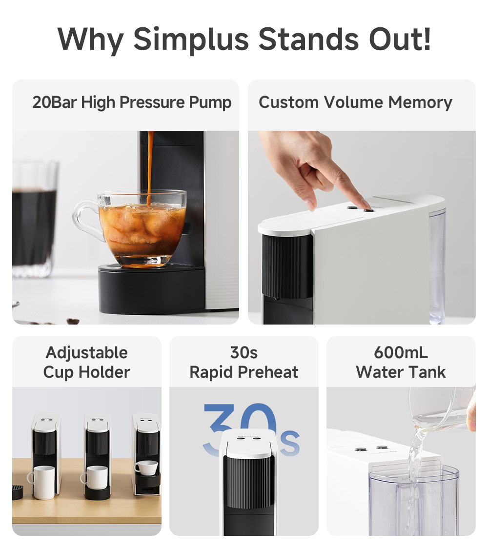 Simplus Coffee Maker 20Bar Nespresso Capsule Coffee Machine 2-Cup Size ...
