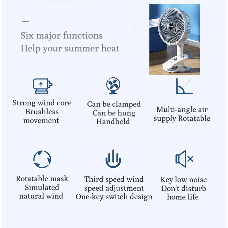 7 inch Portable electric fan Clip fan Mini fan rechargeable Battery ...