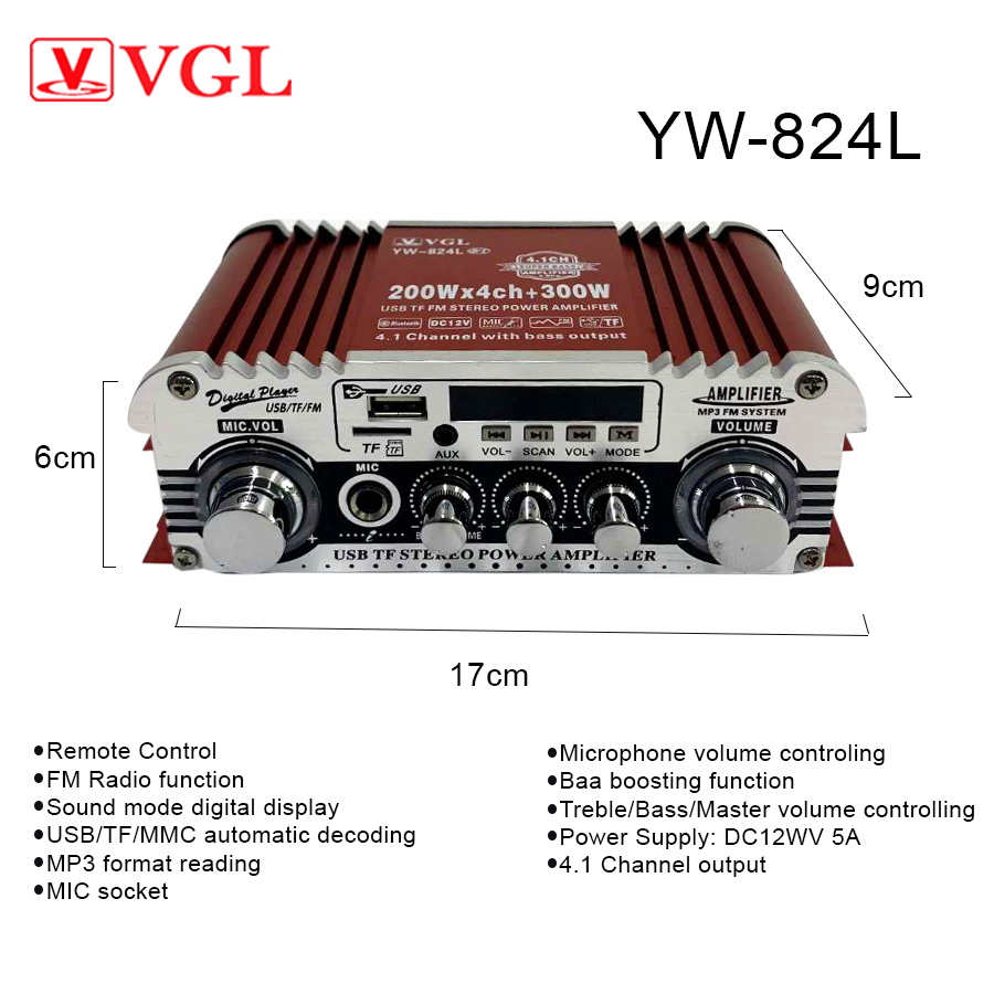 VGL Car Amplifier Stereo 12V 2-Channel with Bluetooth/FM/USD/SD ...