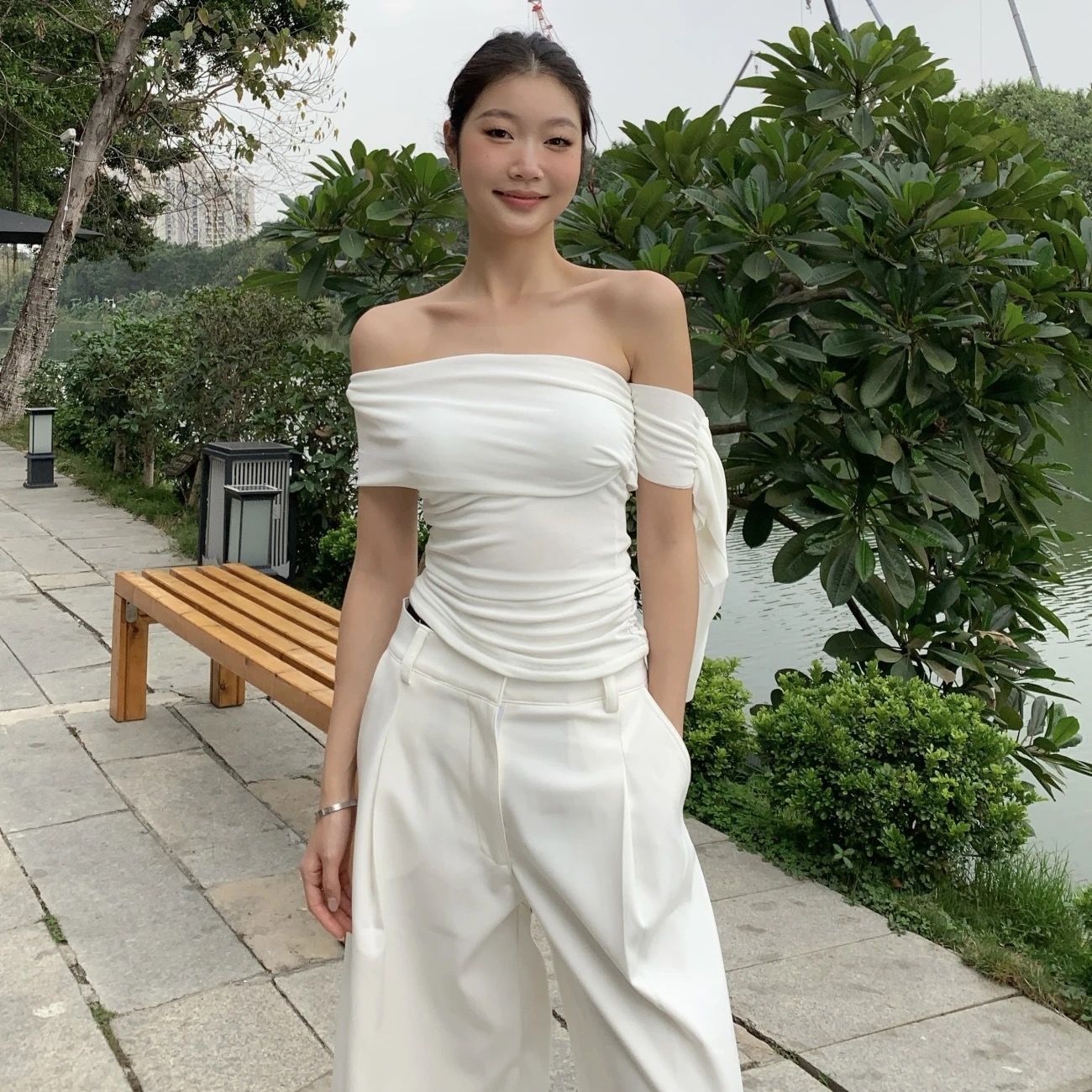 SmartCheckout Sexy Ruched Slash Neck Ribbon Off shoulder Tops Korean ...