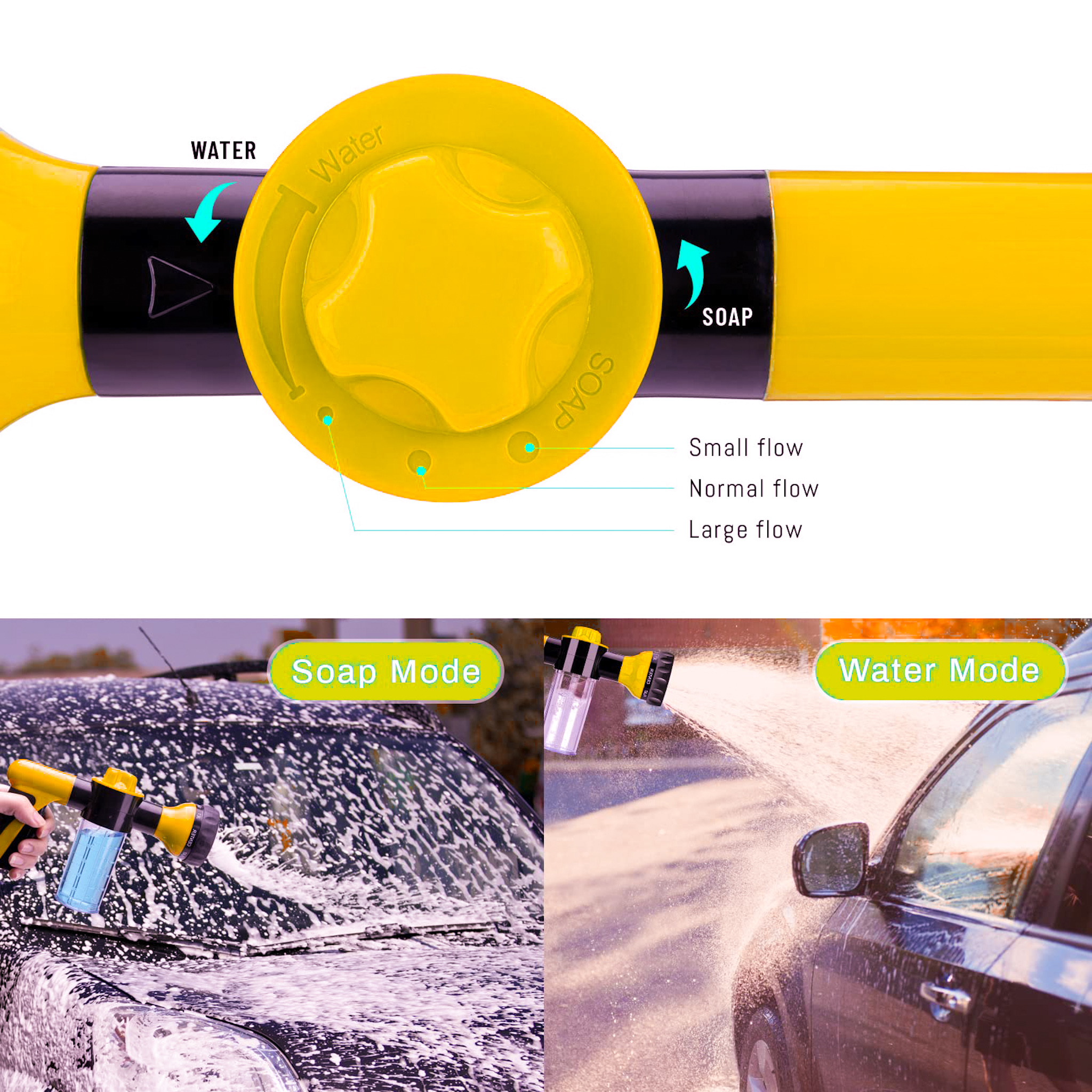 Car Wash Nozzle With Soap Dispenser – 9 Spray Settings, Aluminum, Quick-Connect, Insulated Grip