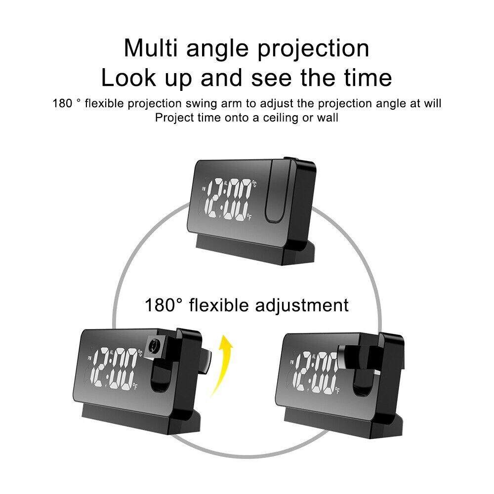 180° Arm Projection Alarm Clock Time Temperature USB Plug-in Digital ...