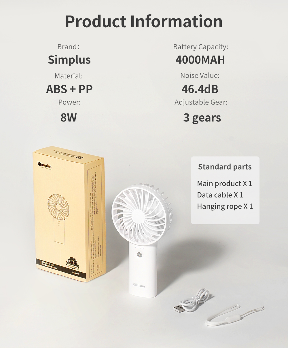 Simplus Mini Fan Rechargeable Handheld 3-Speed Adjustable DFSH010 ...
