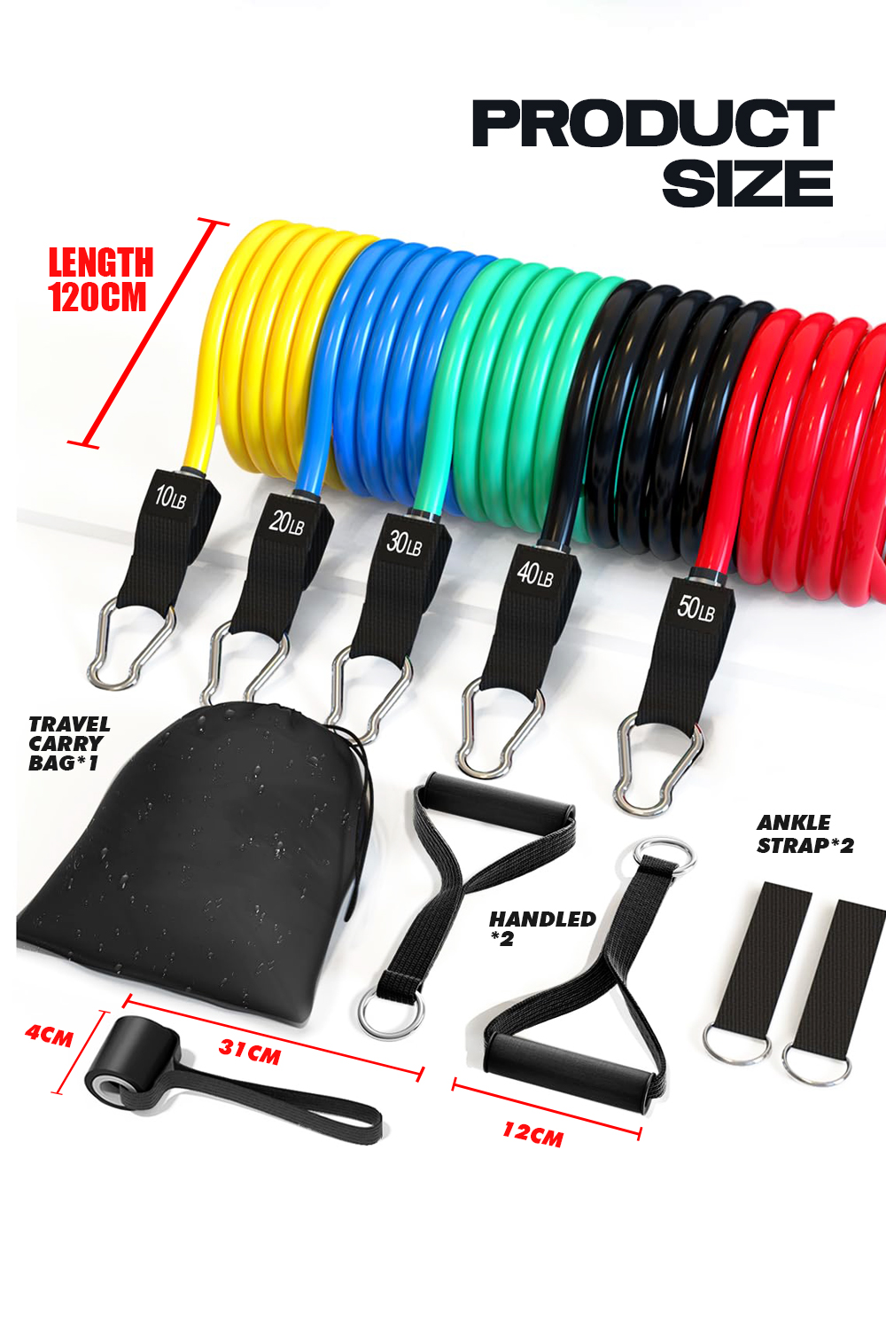 11-Piece Resistance Band 100 Pounds Tension Rope Body Fitness Exercise ...