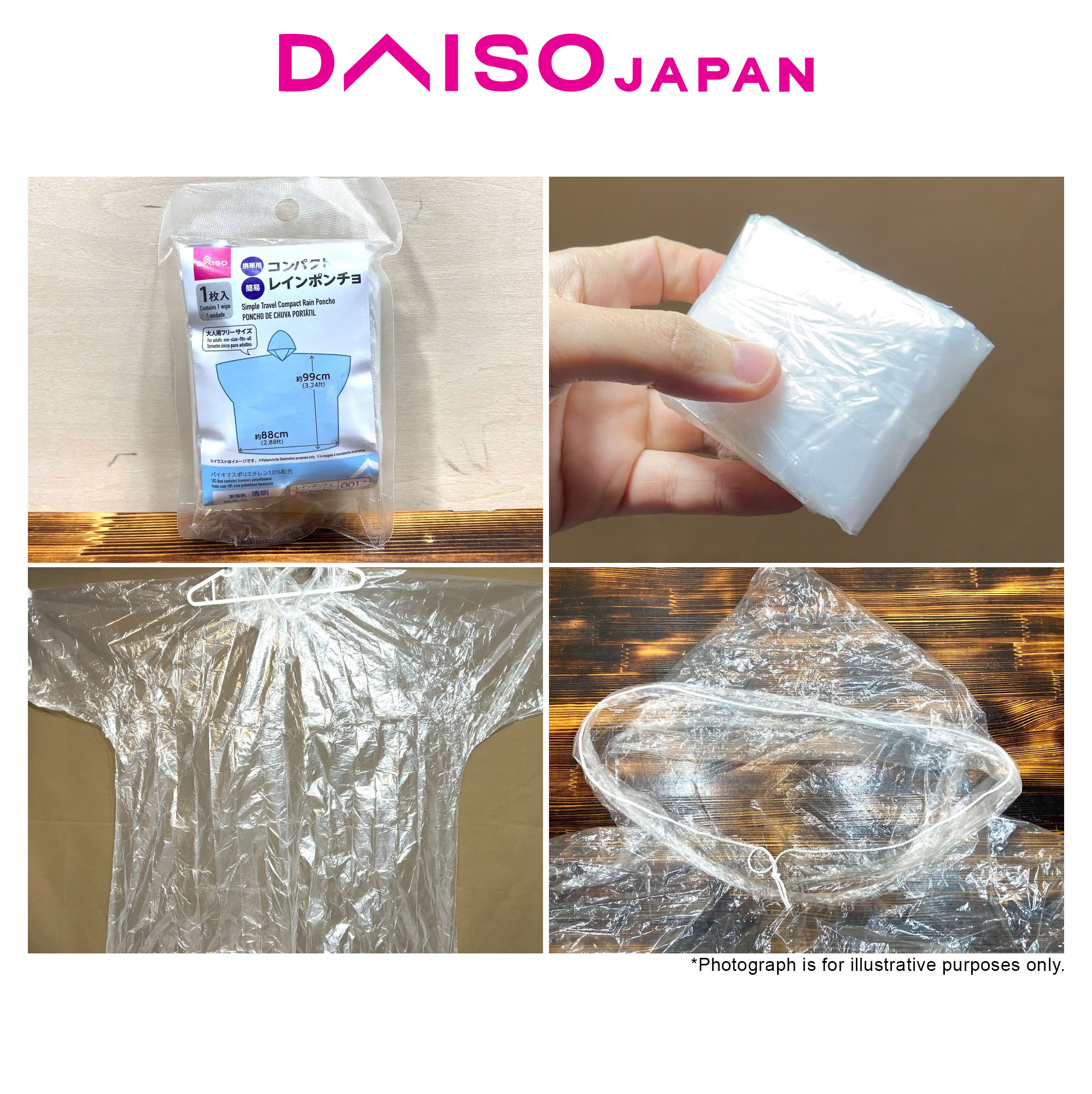 Daiso Clear Simple Travel Compact Rain Poncho (99cmx88cm, 1 piece ...
