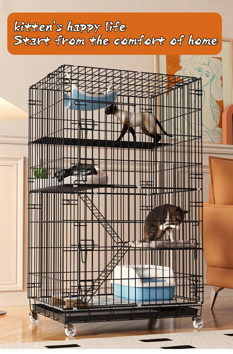 Large Space Cat Cage 4 Layer Pet Cage Foldable with Wheels Pet