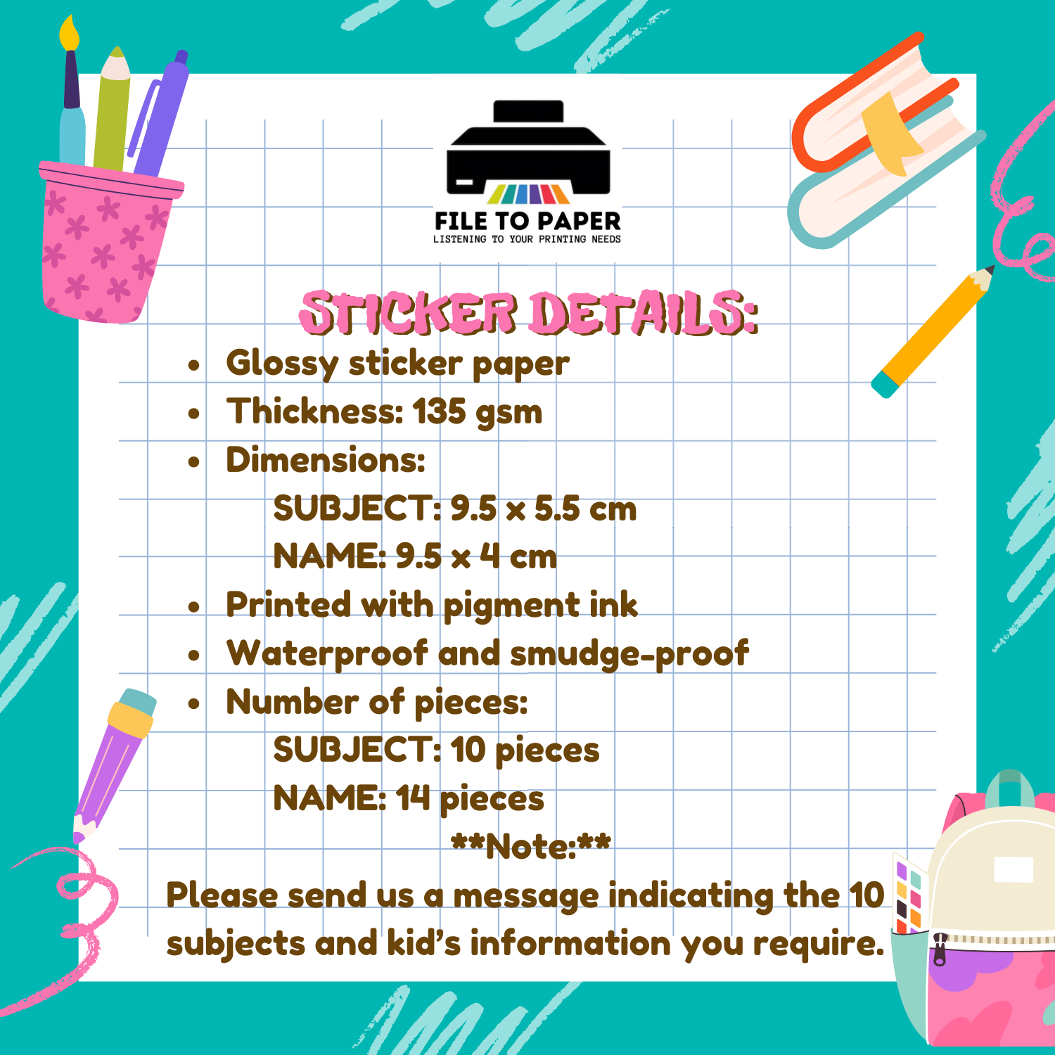 Personalized Subject/ Name Notebook Sticker - 10 pcs and 14 pcs ...