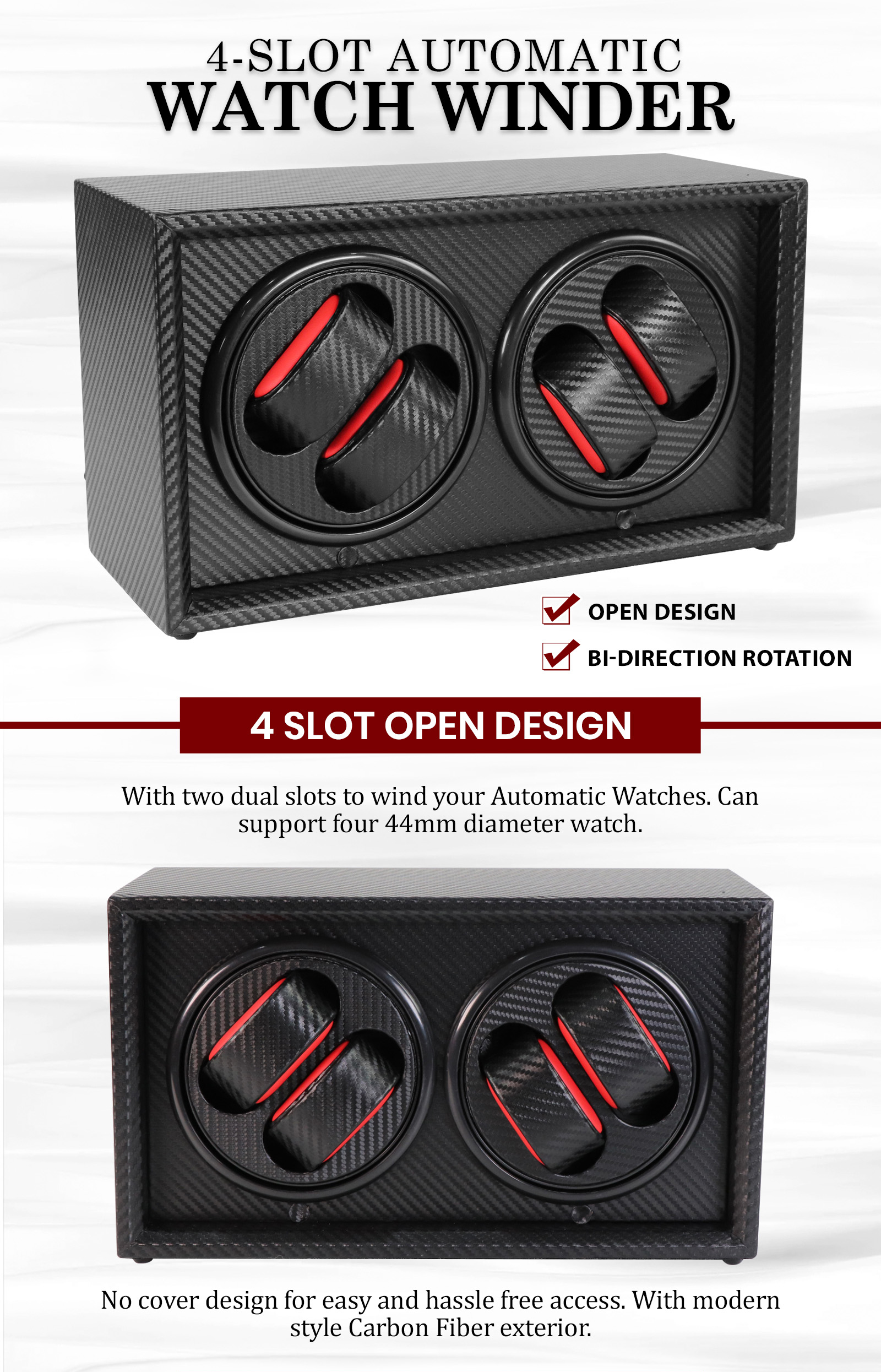 Open Design 4-Slot Automatic Watch Winder Bi-directional Rotation Watch ...